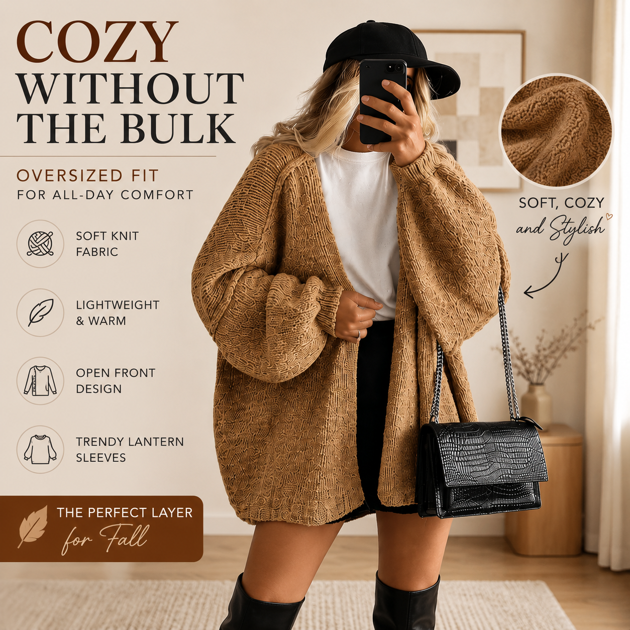 Women's Oversized Open Front Cardigan Sweater – Soft Cozy Knit with Lantern Sleeves