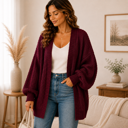 Women's Oversized Open Front Cardigan Sweater – Soft Cozy Knit with Lantern Sleeves
