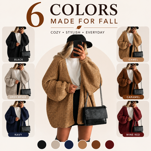 Women's Oversized Open Front Cardigan Sweater – Soft Cozy Knit with Lantern Sleeves