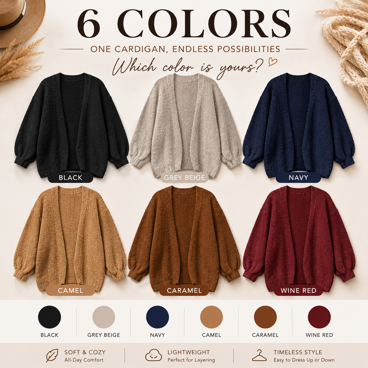 Women's Oversized Open Front Cardigan Sweater – Soft Cozy Knit with Lantern Sleeves