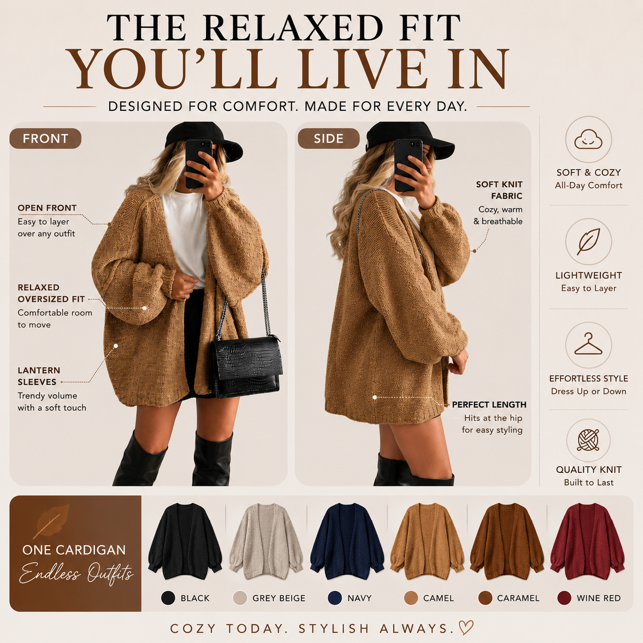 Women's Oversized Open Front Cardigan Sweater – Soft Cozy Knit with Lantern Sleeves