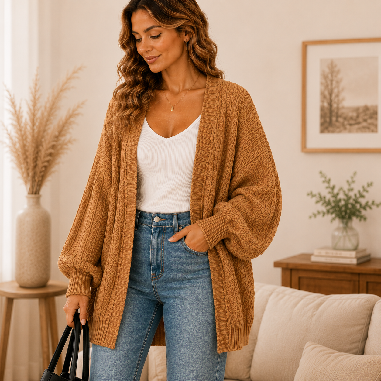 Women's Oversized Open Front Cardigan Sweater – Soft Cozy Knit with Lantern Sleeves